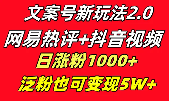 抖音文案号新玩法：利用网易云热评一天涨粉1000 ，多种变现模式助你实现泛粉利润-网赚项目