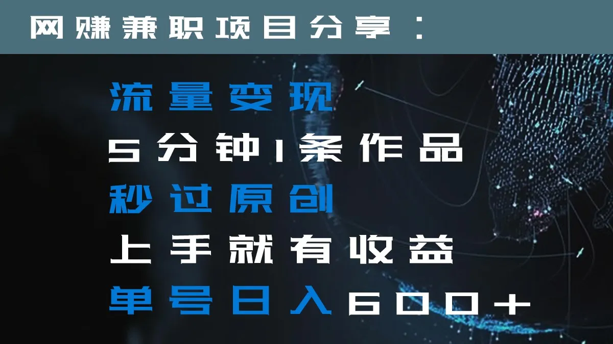 掌握流量变现：5分钟1条作品秒过，日收入不断攀升 ，轻松实现增收增长！-网赚项目