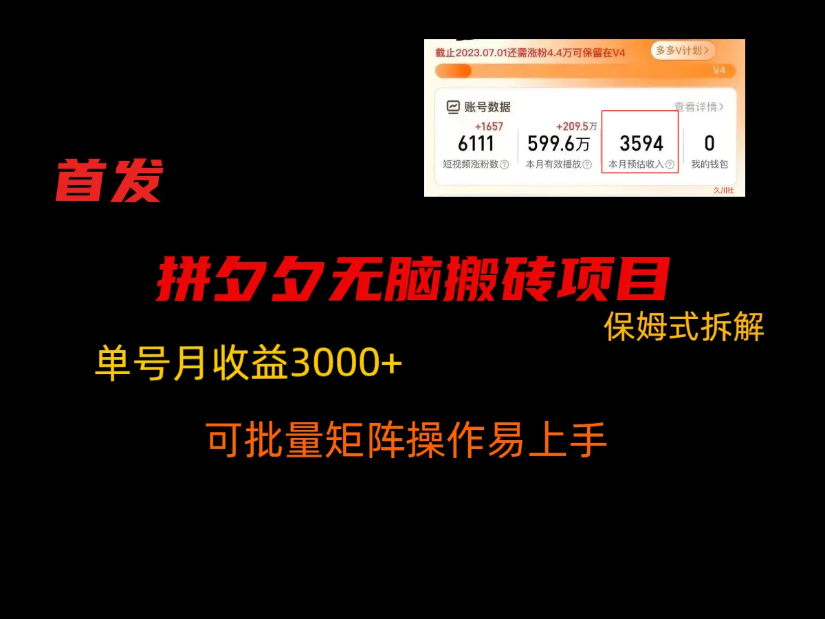 掌握拼夕夕无脑搬砖新玩法：稳定月收入更多 ，保姆式拆解指南-网赚项目