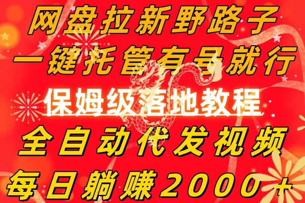 网盘拉新野路子，一键托管有号就行，全自动代发视频，每日收入更多＋，保姆级落地教程-网赚项目